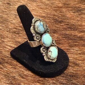 Golden Hills Turquoise 3-Stone Silver Ring Artist Signed